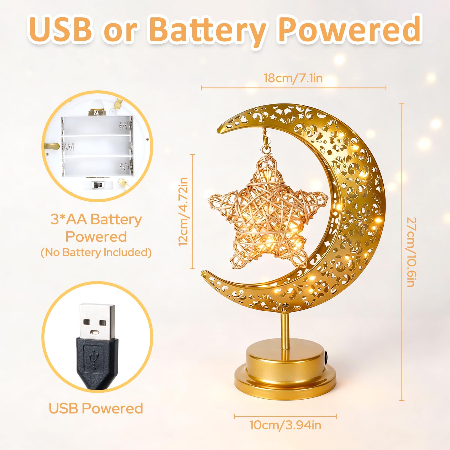 Komothala ramadan decor lights powered by USB or batteries for flexible placement.