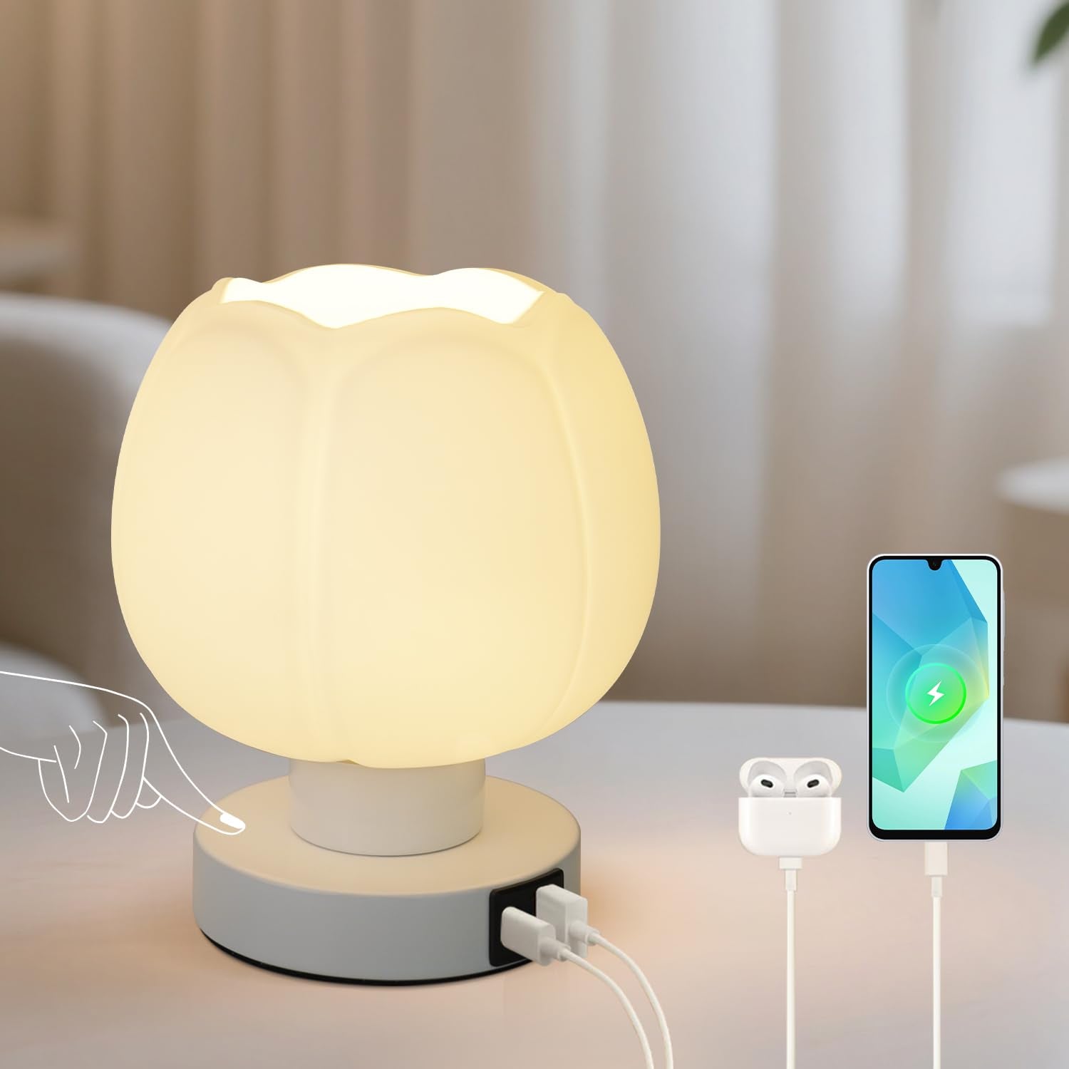 Komothala tulip flower lamp with white glass shade for cozy bedroom lighting
