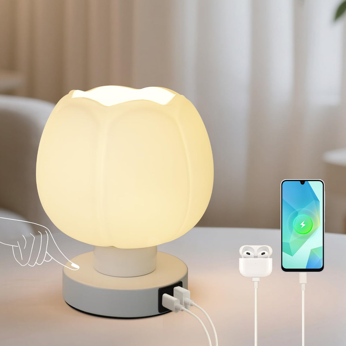 Komothala tulip flower lamp with white glass shade for cozy bedroom lighting