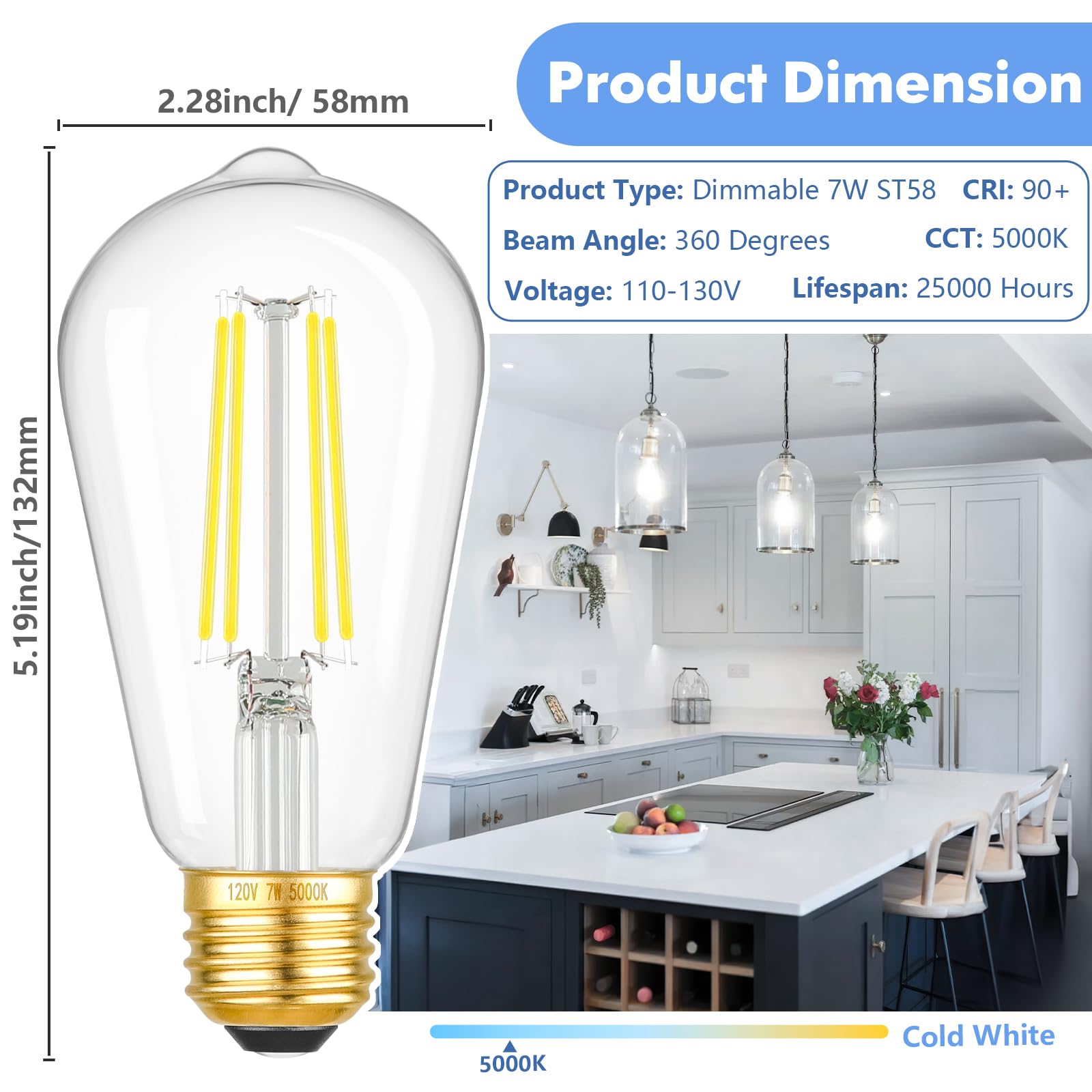 Kondras 60W equivalent Edison bulb provides bright 360 degree illumination for living spaces