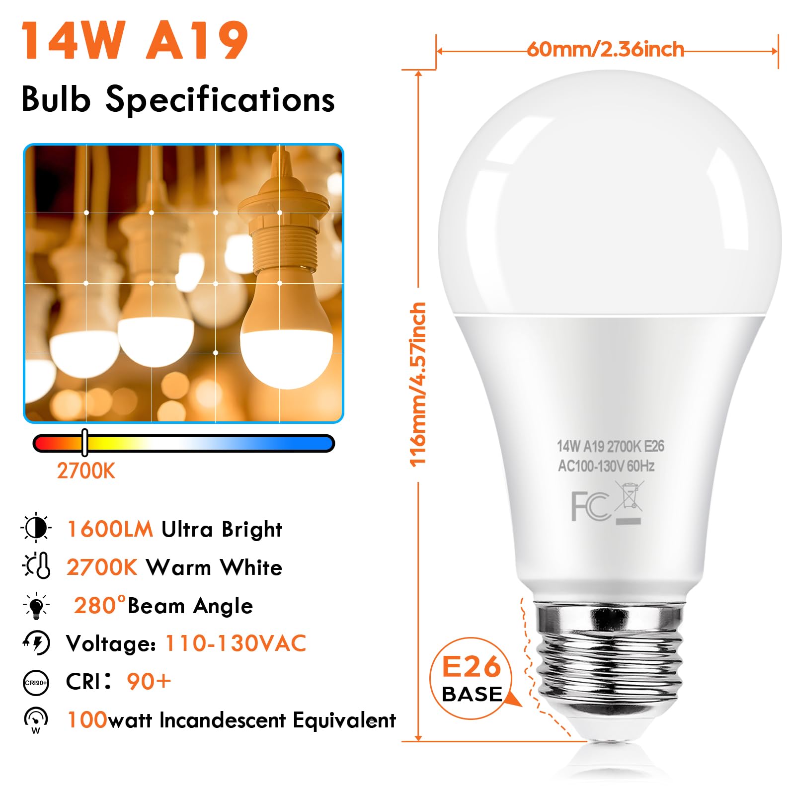 Kondras A19 close up shows 2700K warm white glow and high CRI
