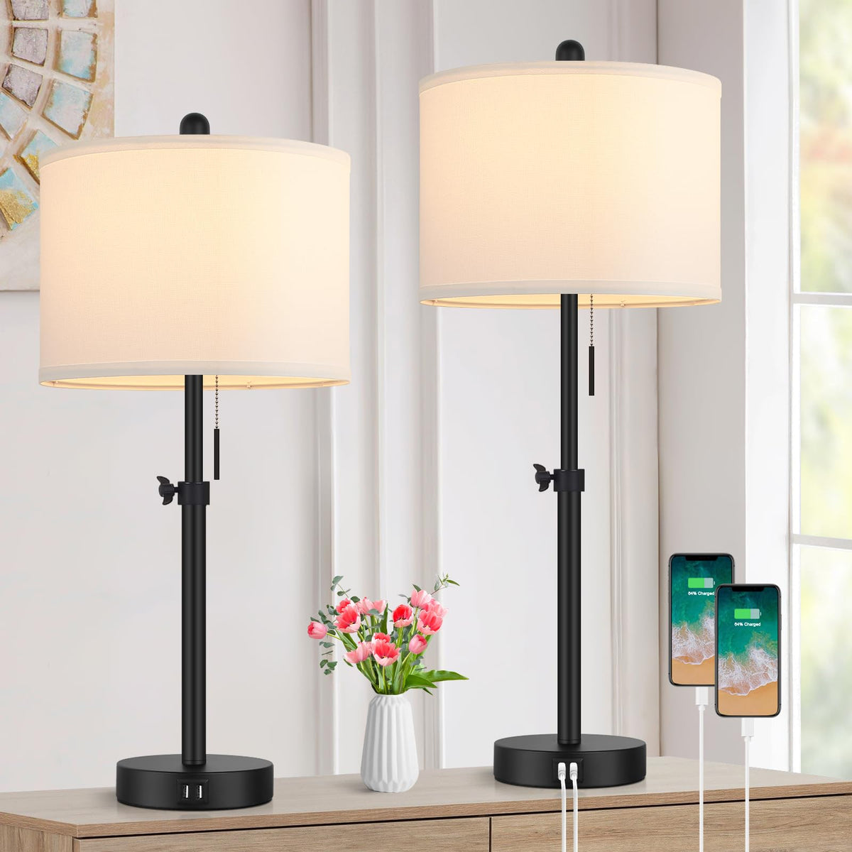 Kondras bedroom table lamp set with adjustable height for versatile bedside lighting.