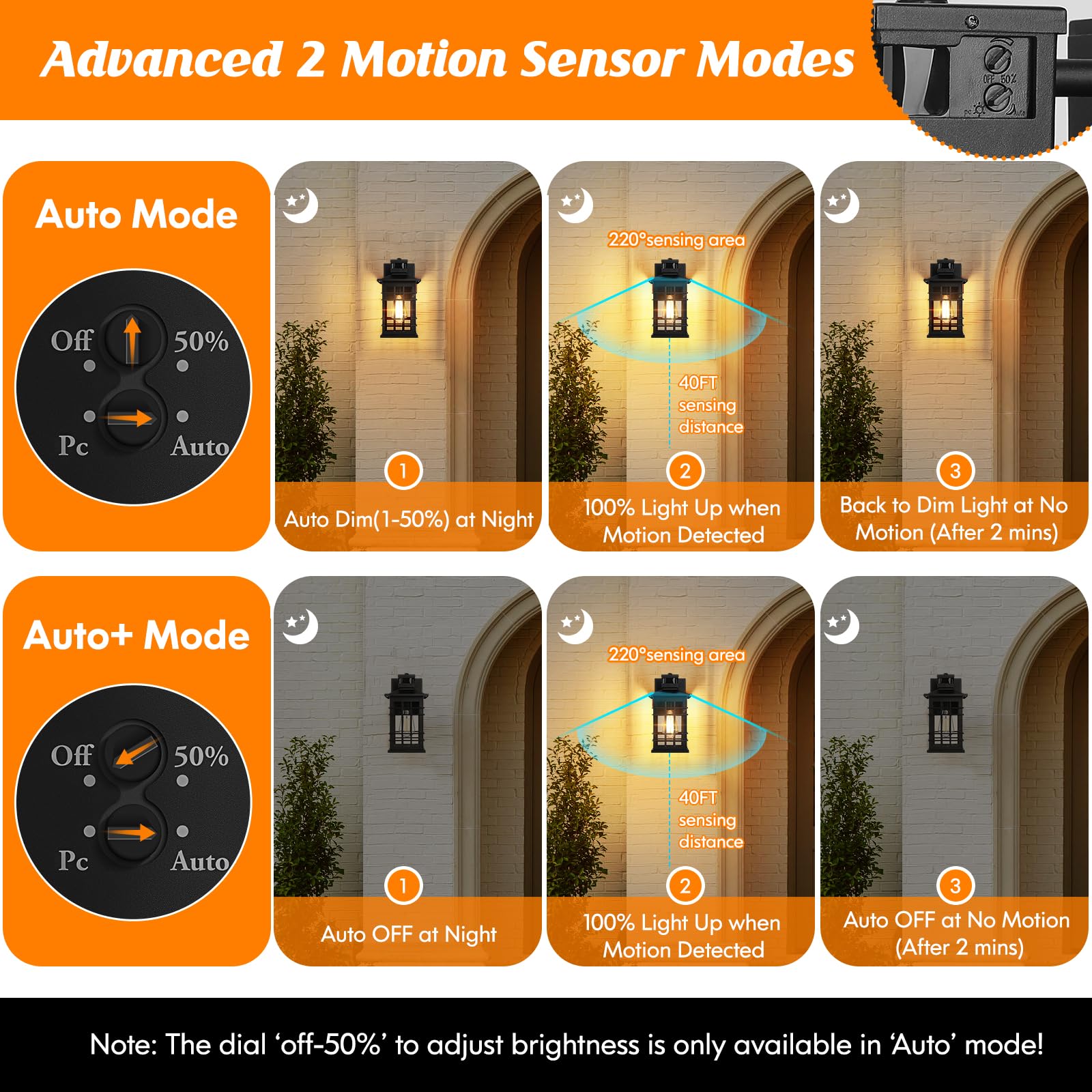 Kondras porch light shows the top control buttons for mode and brightness adjustment