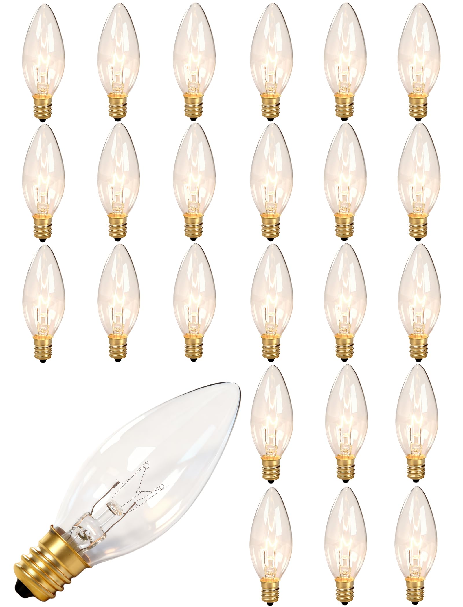 Konictom 25-pack candle bulbs emit a warm amber glow for cozy evenings.