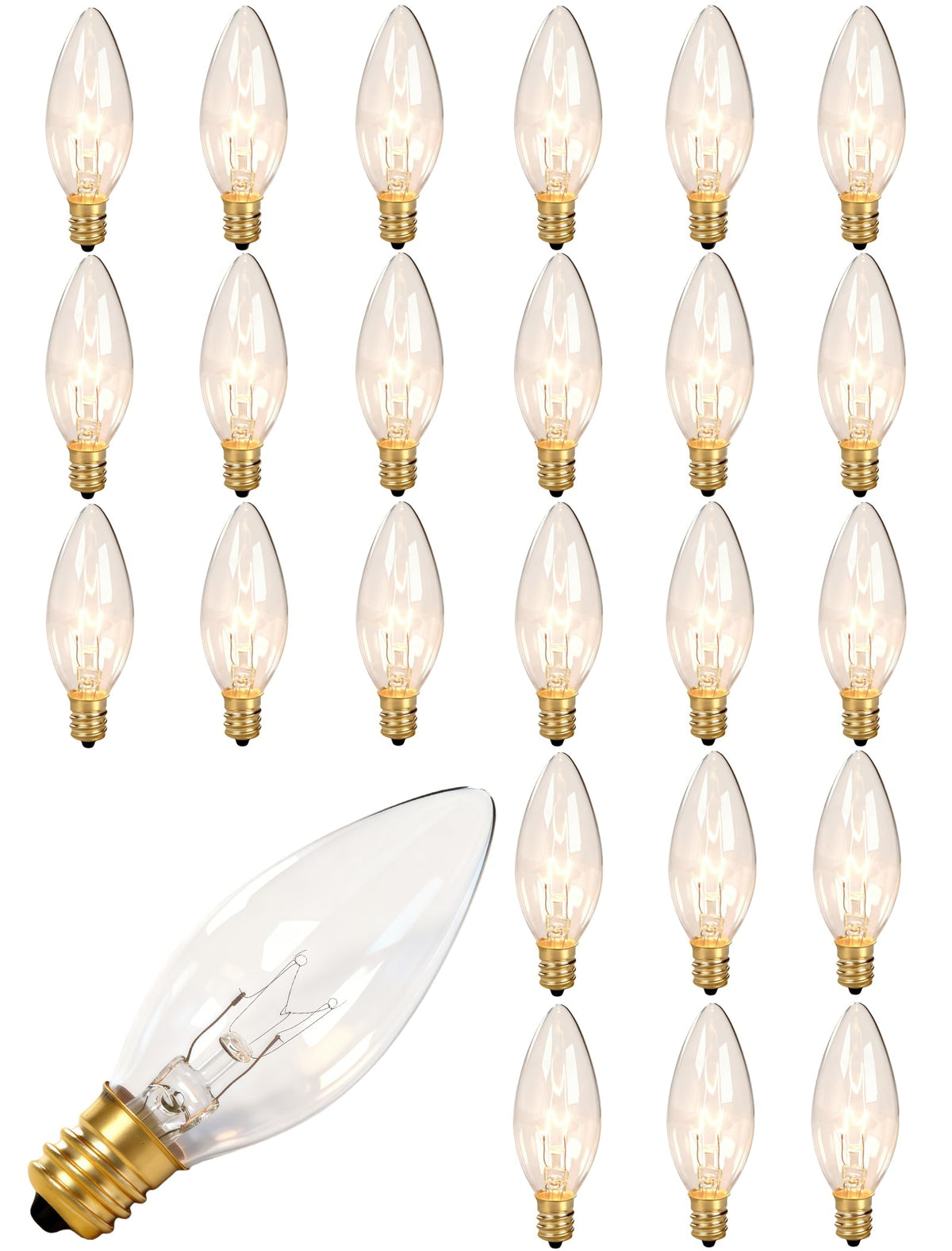 Konictom 25-pack candle bulbs emit a warm amber glow for cozy evenings.