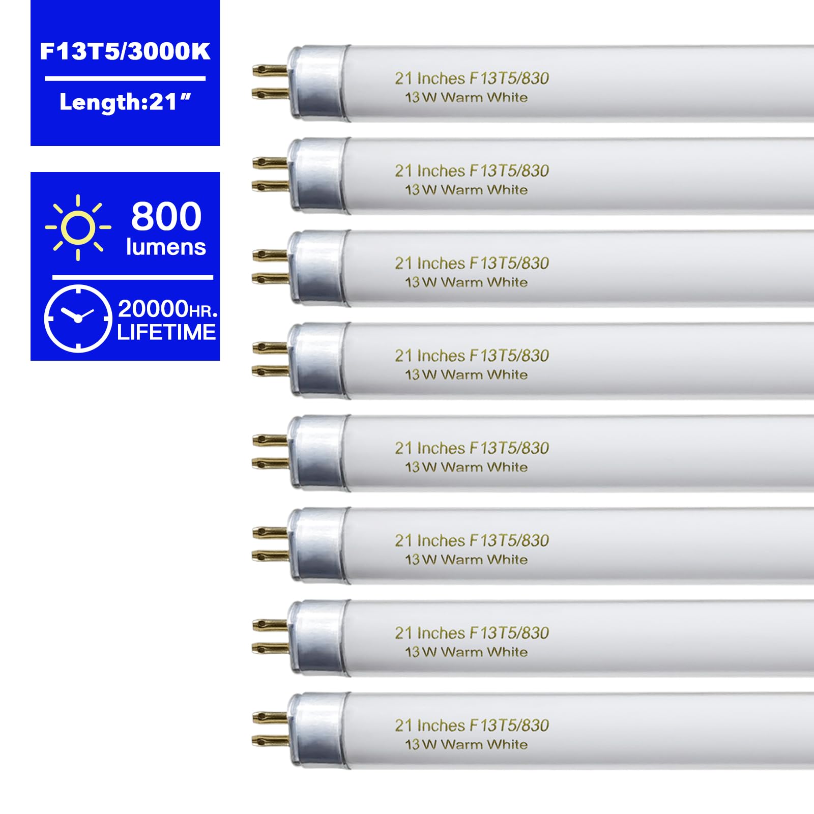Konideke 8-pack 21-inch T5 bulbs emitting warm 3000K glow
