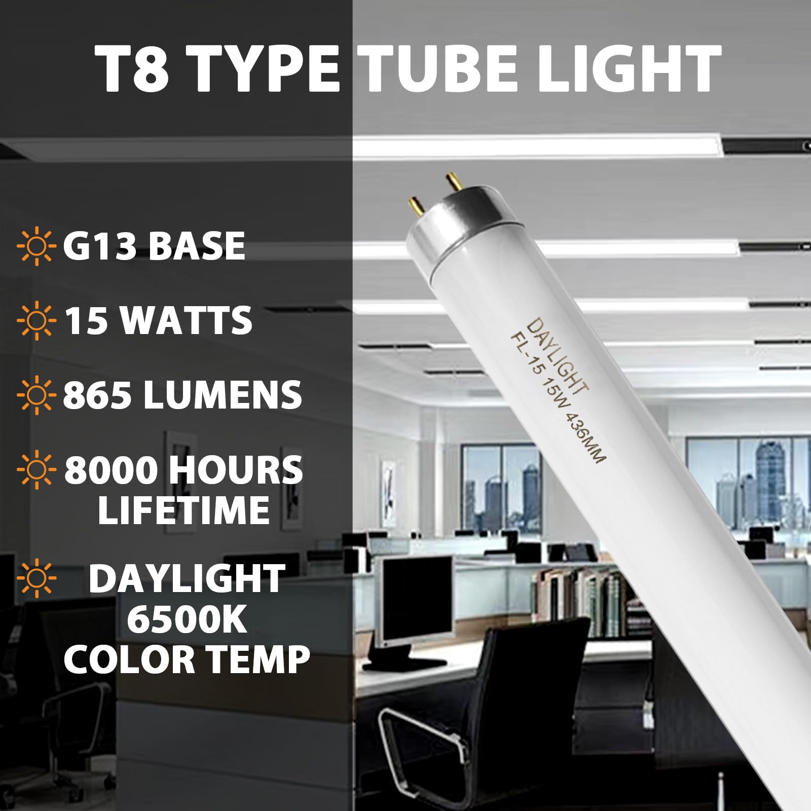 Daylight 6500K brightness from Konideke F15T8/DL for natural task lighting.