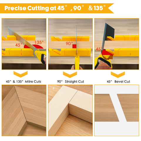 Konvixon miter box supports 45-135-90 degree cuts for accurate miters.