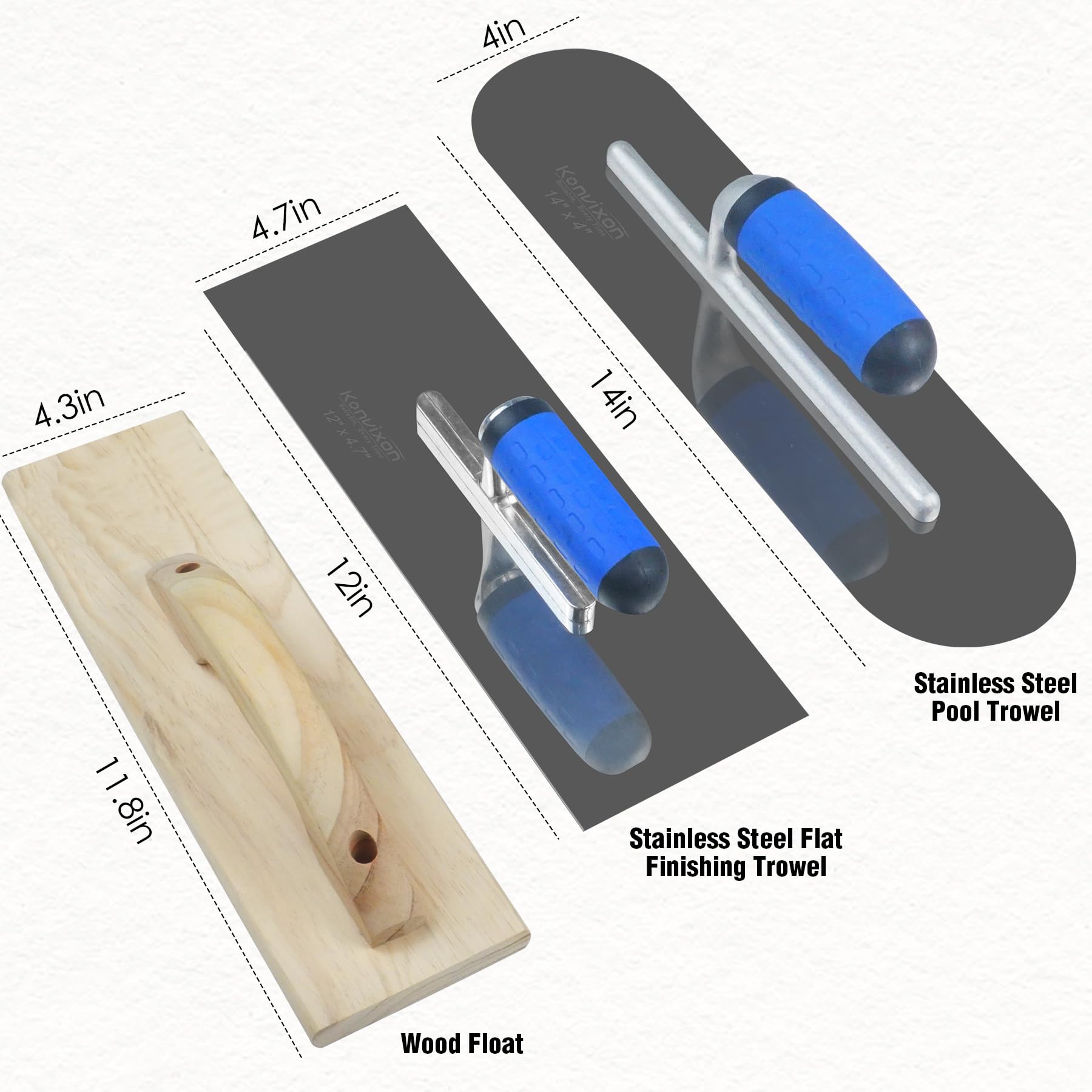 Konvixon flat trowel pictured for crisp edges and a polished surface.