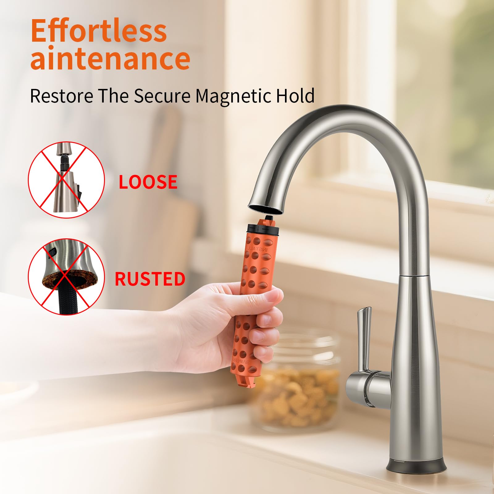 Closeup of Kooloba RP80977 magnet on Delta faucet for strong docking.