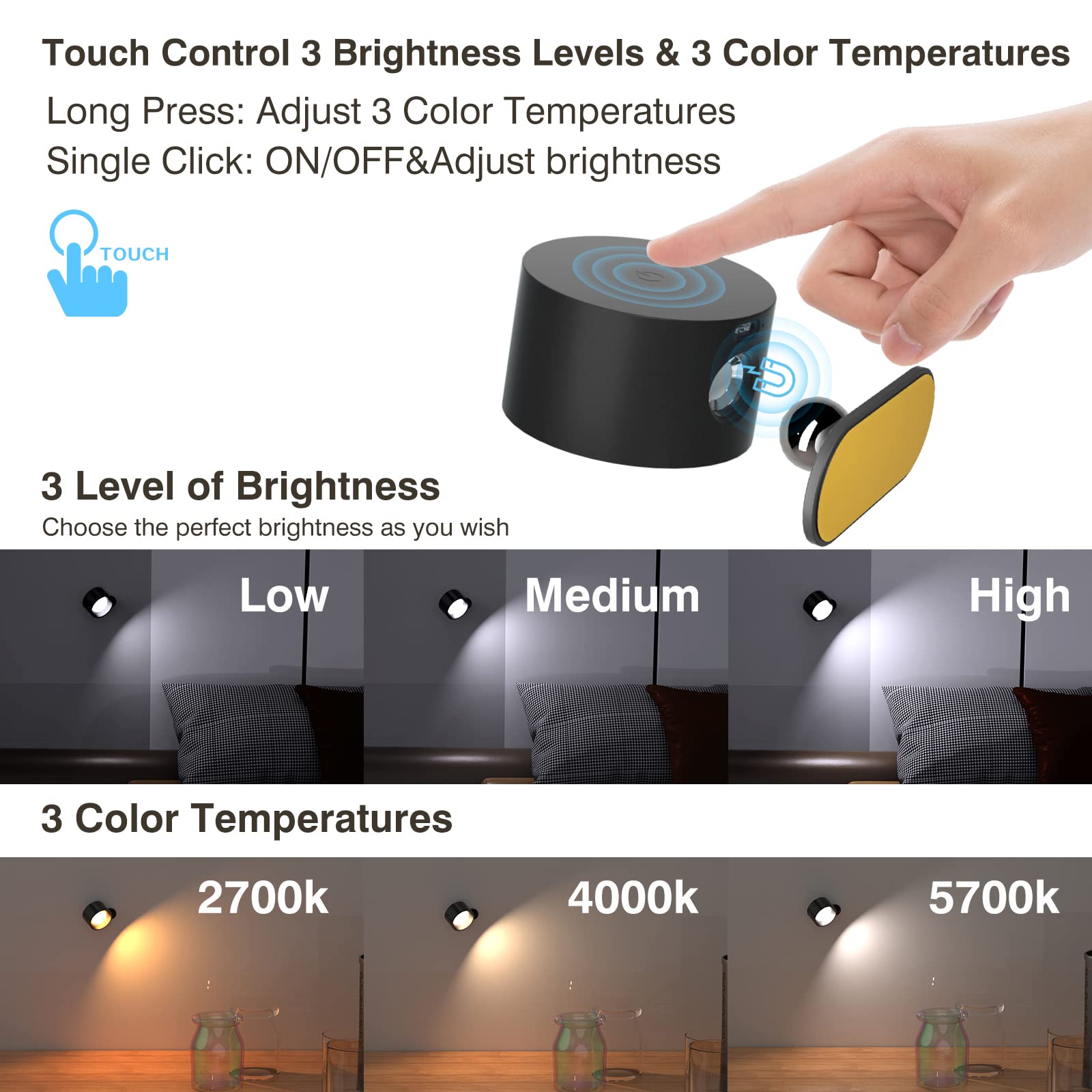 Koopala touch-dimming lamp offering three brightness levels beside bed or desk.