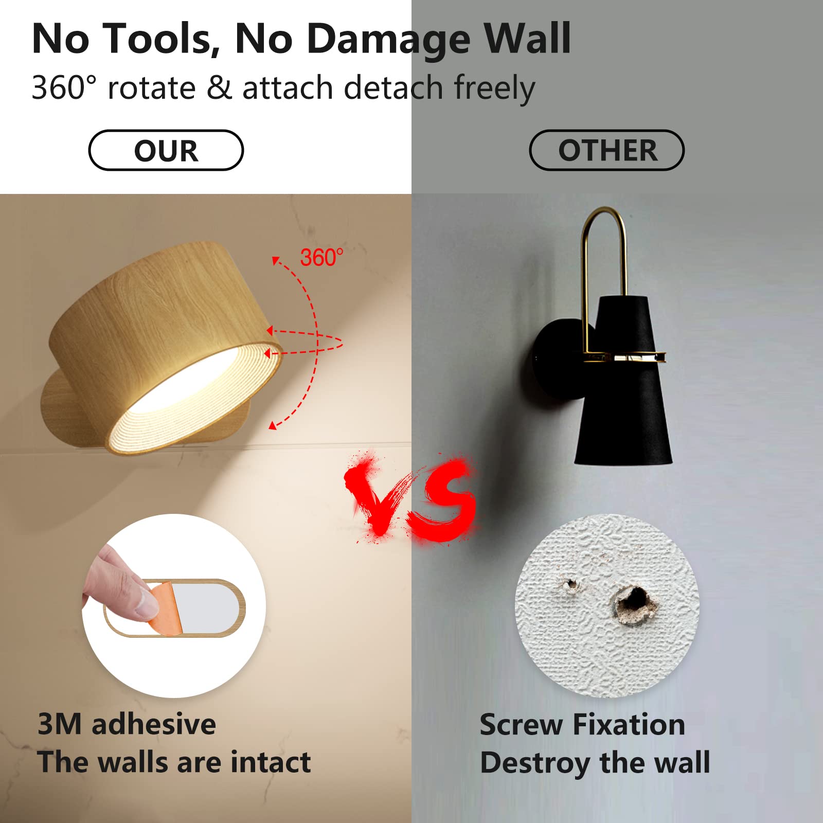 Koopala LED sconce rechargeable battery with USB-C charging for cordless use