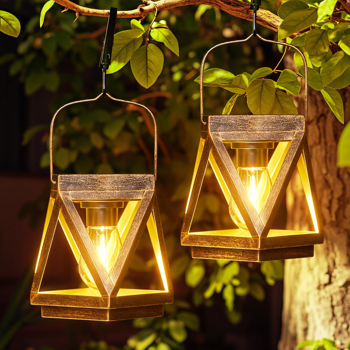 KOOPER solar lantern hanging bronze exterior with warm glow for cozy evenings.
