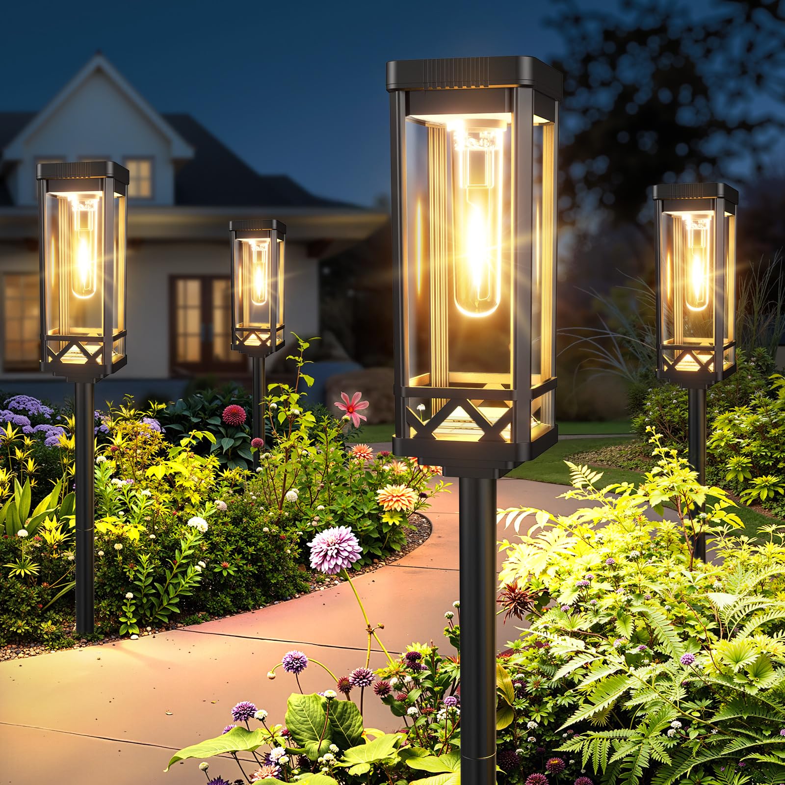 KOOPER solar pathway lights with rectangular lampshades cast warm walkway glow, enhancing curb appeal.
