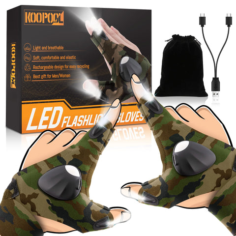 KOOPOOL LED Rechargeable Flashlight Gloves worn on hand for hands-free lighting during outdoor tasks.