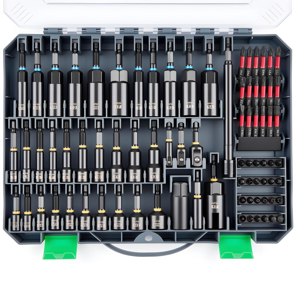 KOOPOOL Magnetic Impact Nut Driver Set with metric and SAE bits for versatile fastening.