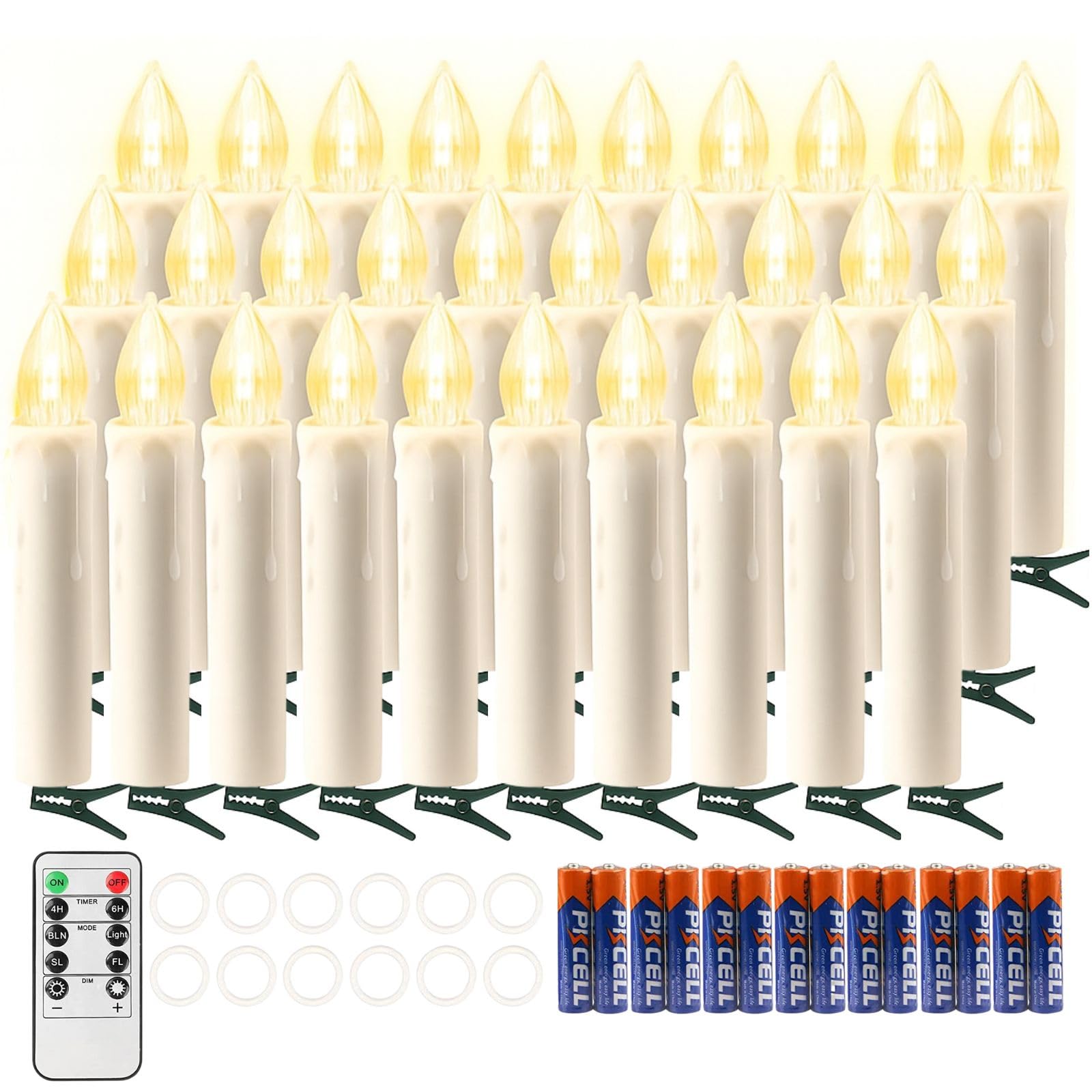 koopower 30 LED candles illuminate a Christmas tree with warm, flameless flicker