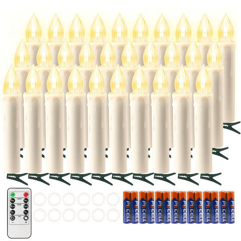 koopower 30 LED candles illuminate a Christmas tree with warm, flameless flicker