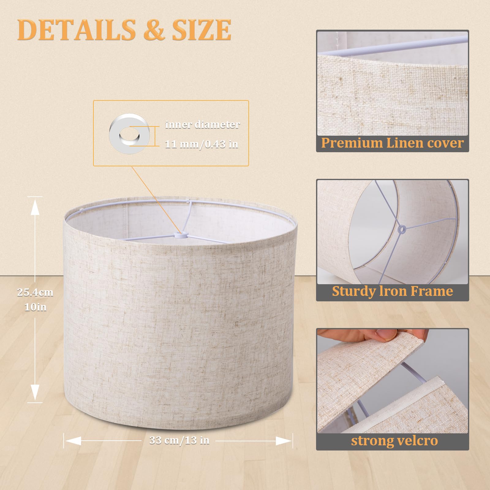 Koorle drum shade for floor lamps in beige fabric, even diffusion for cozy spaces.