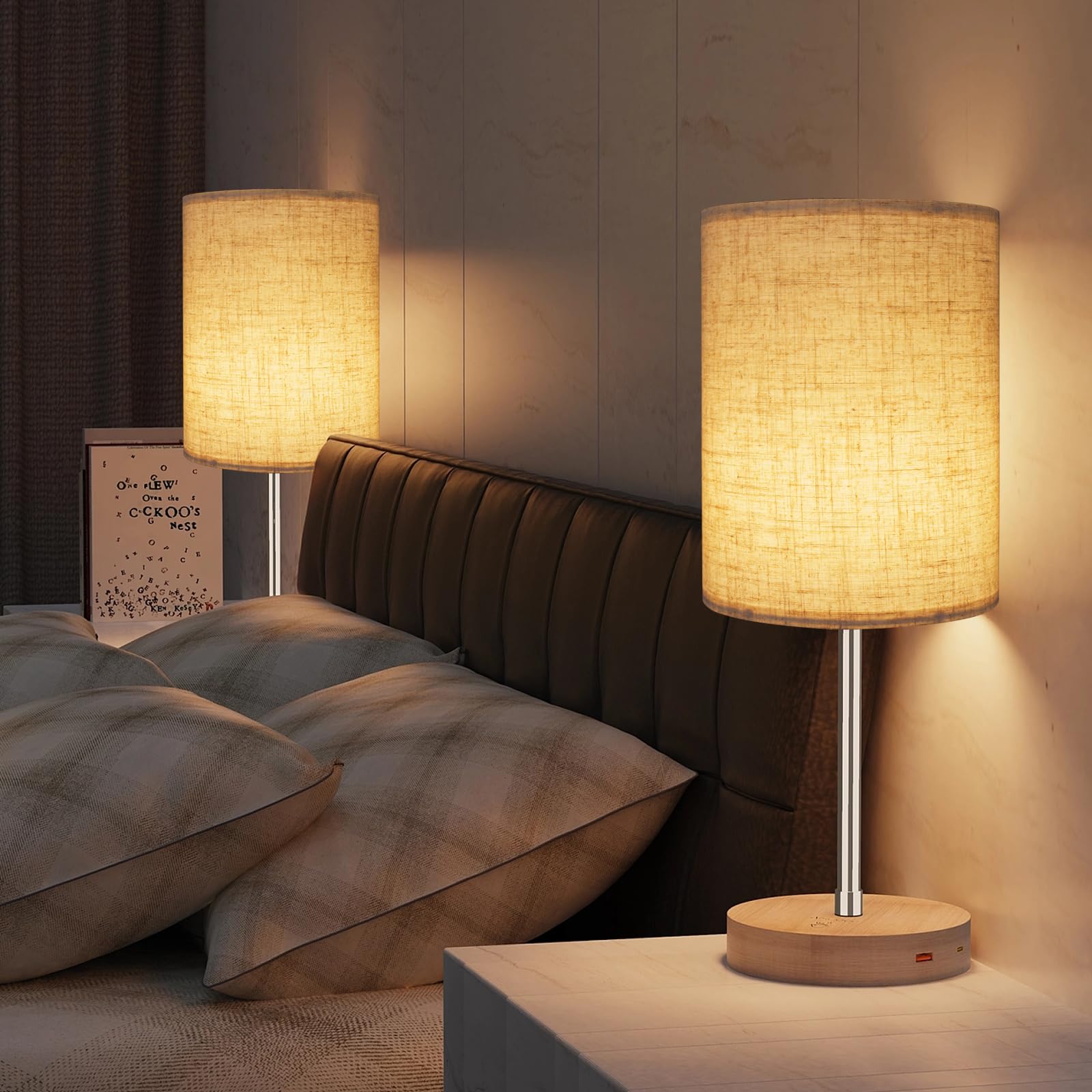 Koorle large line fabric lamp shade provides soft illumination for cozy spaces.
