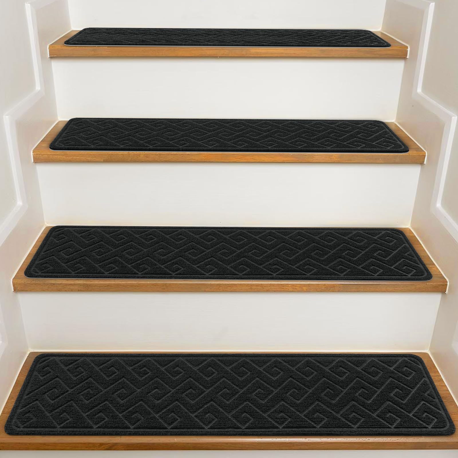 KOOTETA stair treads on wood stairs; secure grip and stability.