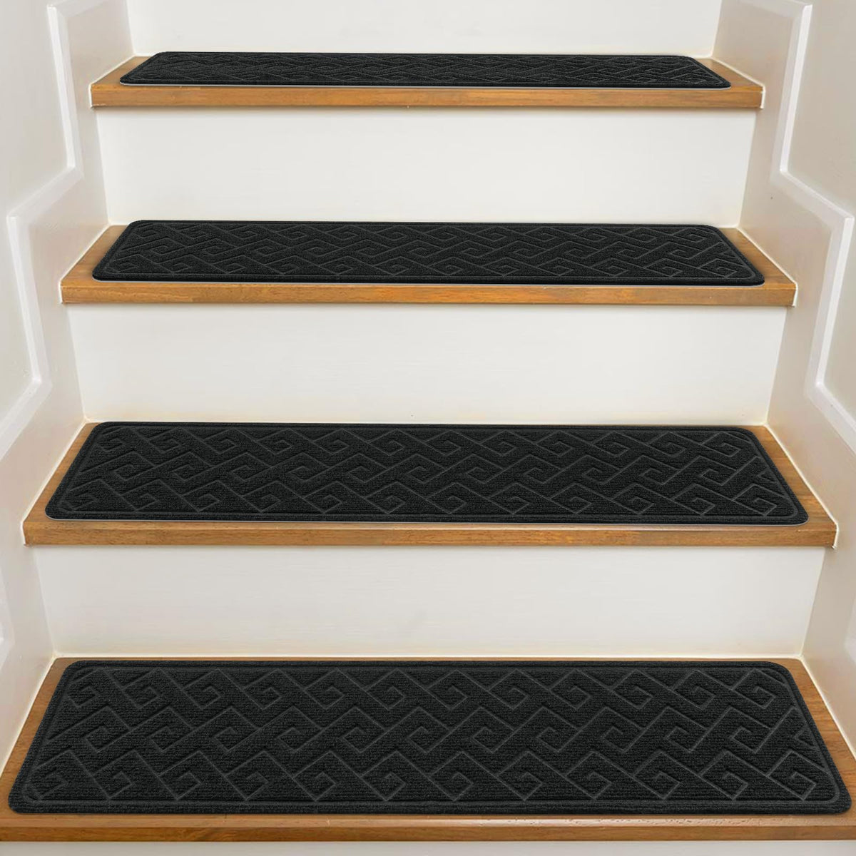 KOOTETA stair treads on wood stairs; secure grip and stability.