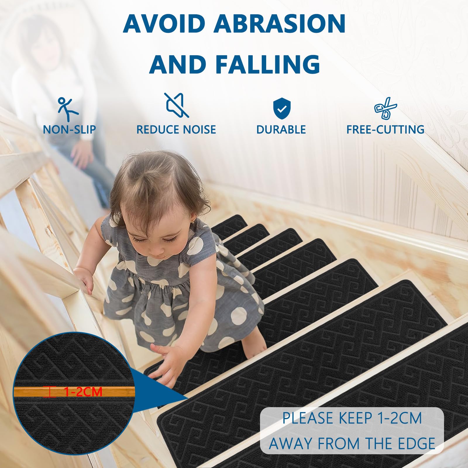 KOOTETA 8x30 inch size fits most indoor stairs.