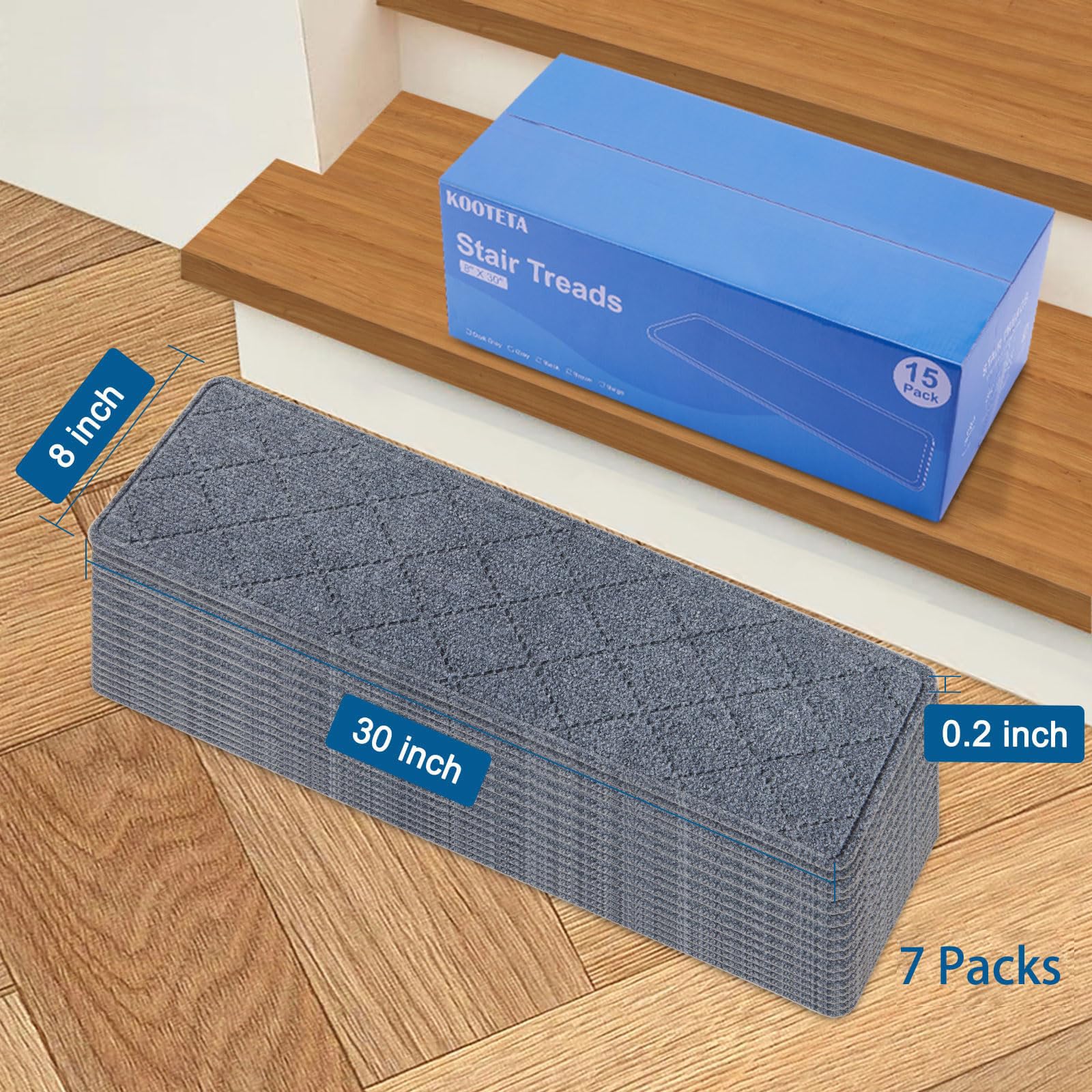 KOOTETA stair treads with adhesive back install easily on indoor stairs.