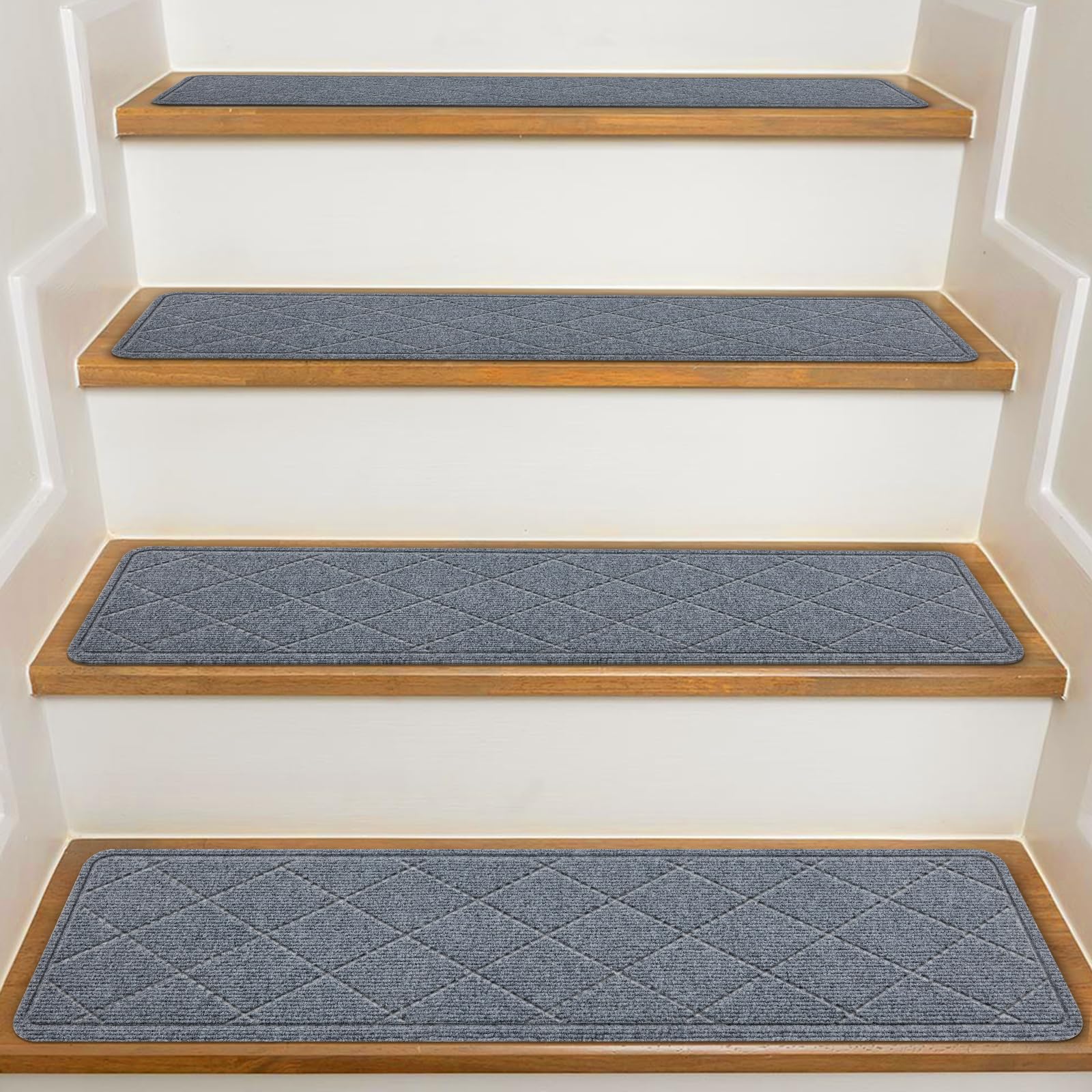 KOOTETA stair treads on a non-slip surface provide secure footing on wooden stairs.