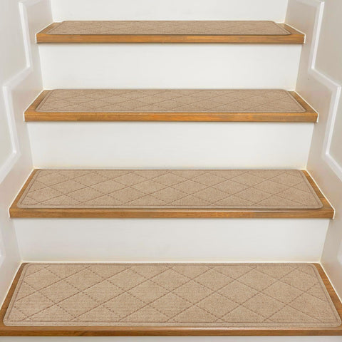 KOOTETA stair treads beige on stairs showing secure grip and quiet steps.