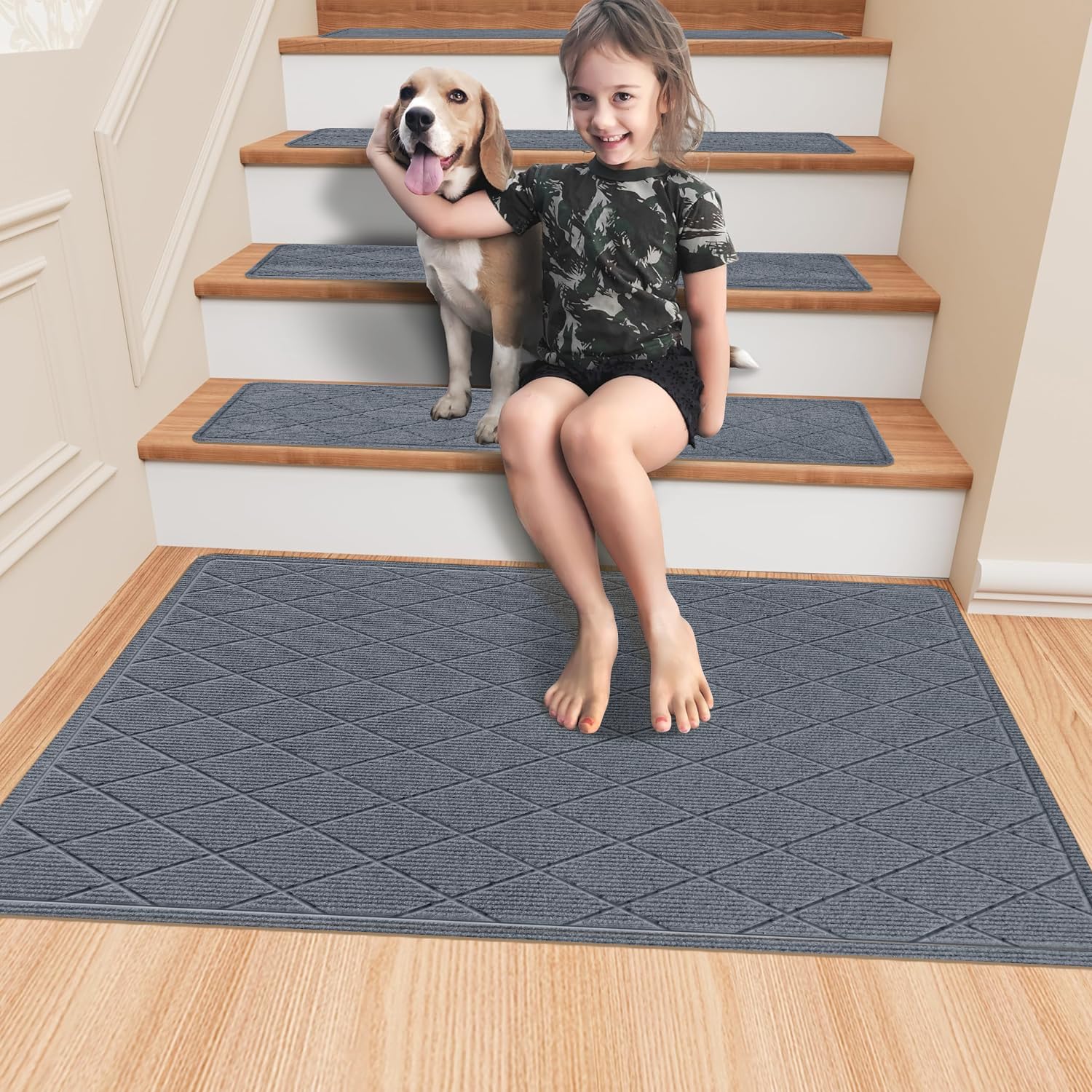 KOOTETA stair treads on wooden stairs protect surface from wear.