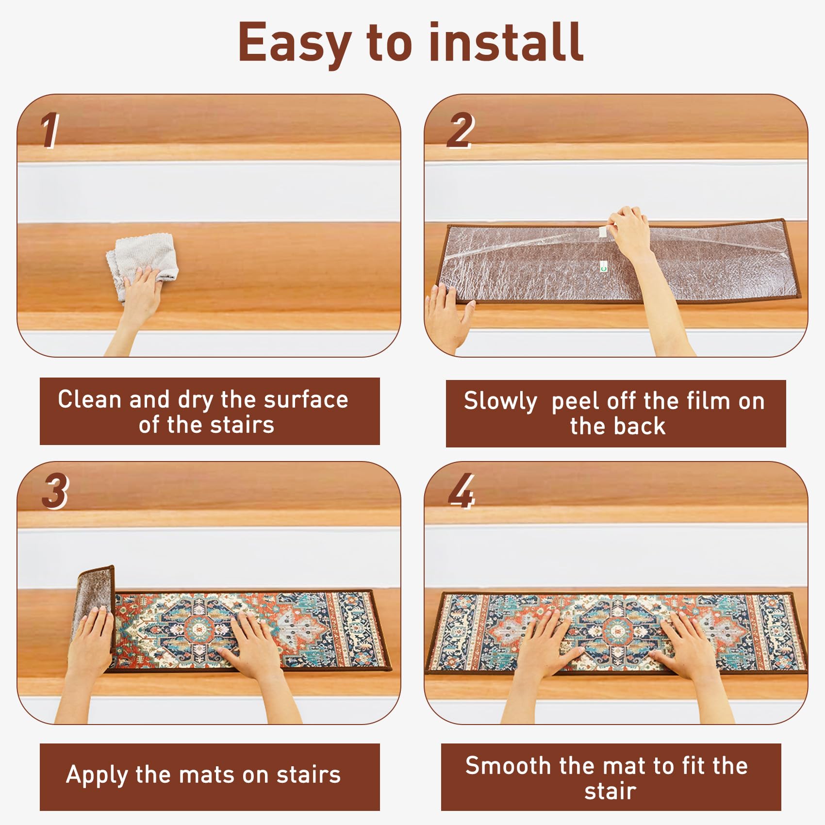 KOOTETA stair treads washable surface simplifies cleaning after spills.