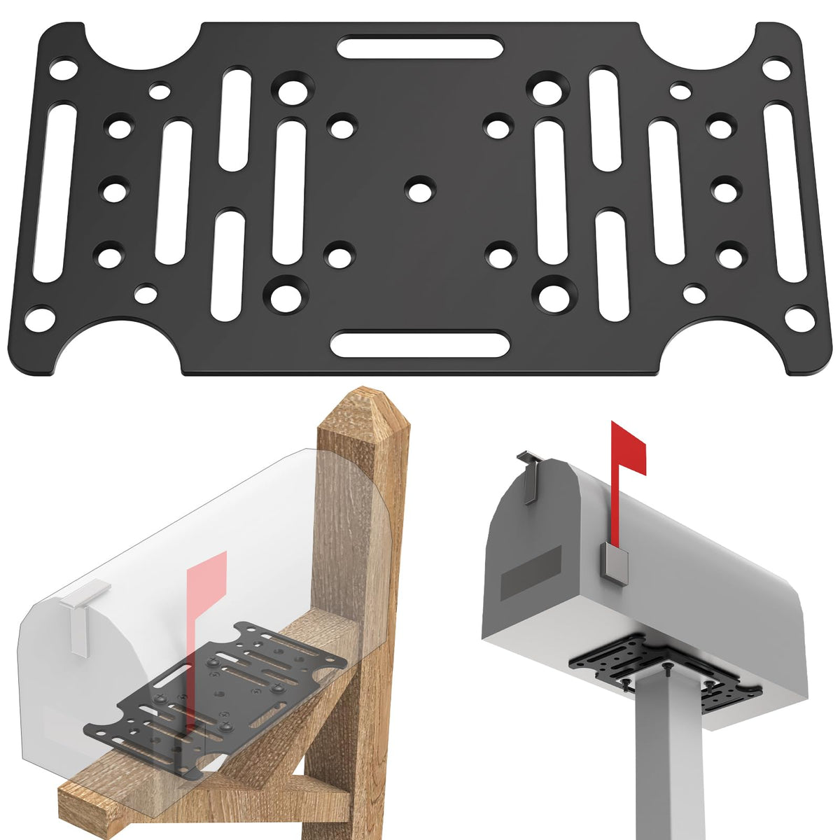 KOPKIO universal mailbox mounting bracket in black steel for durable post mounting.