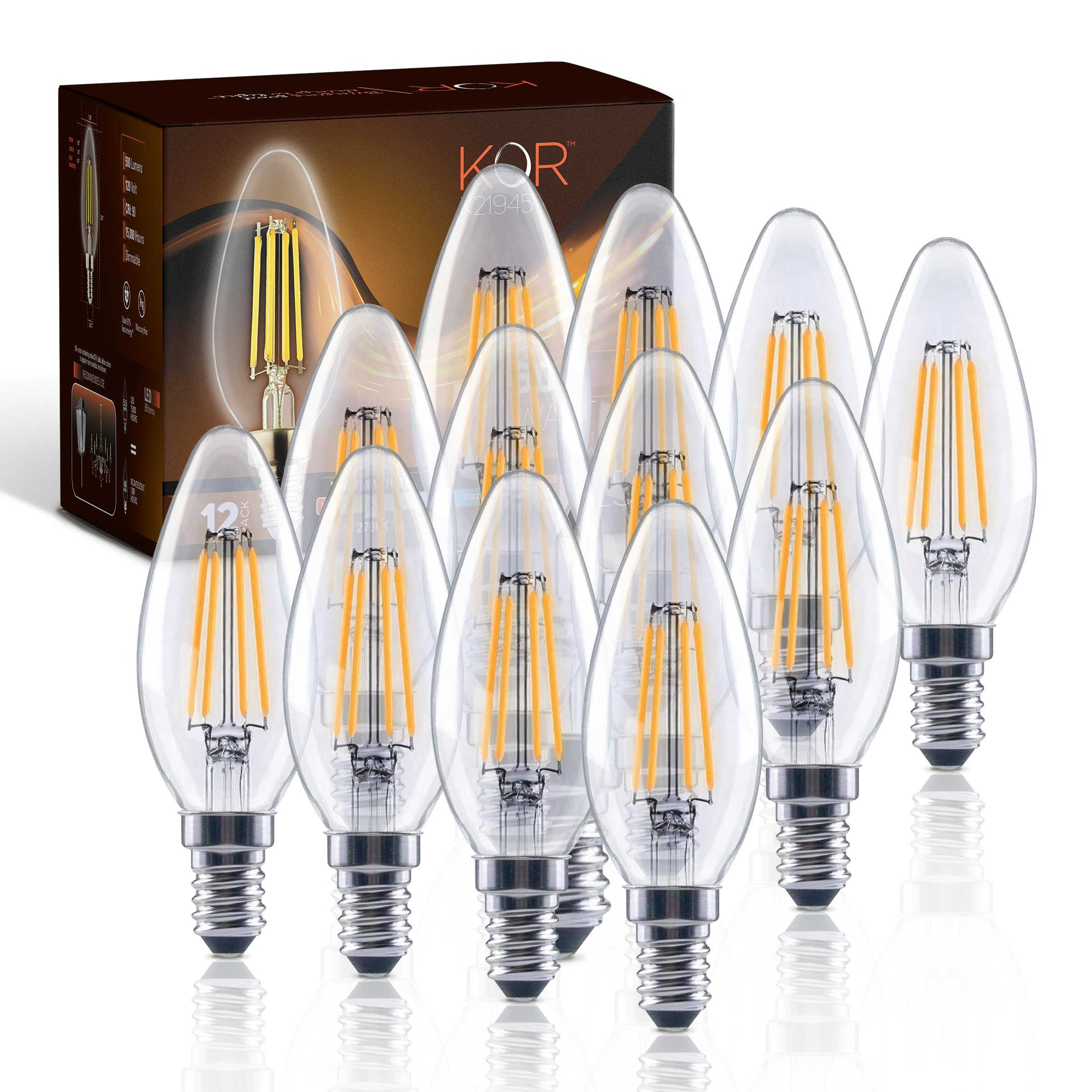 KOR 12-pack LED E12 dimmable bulb with warm white 2700K for chandeliers