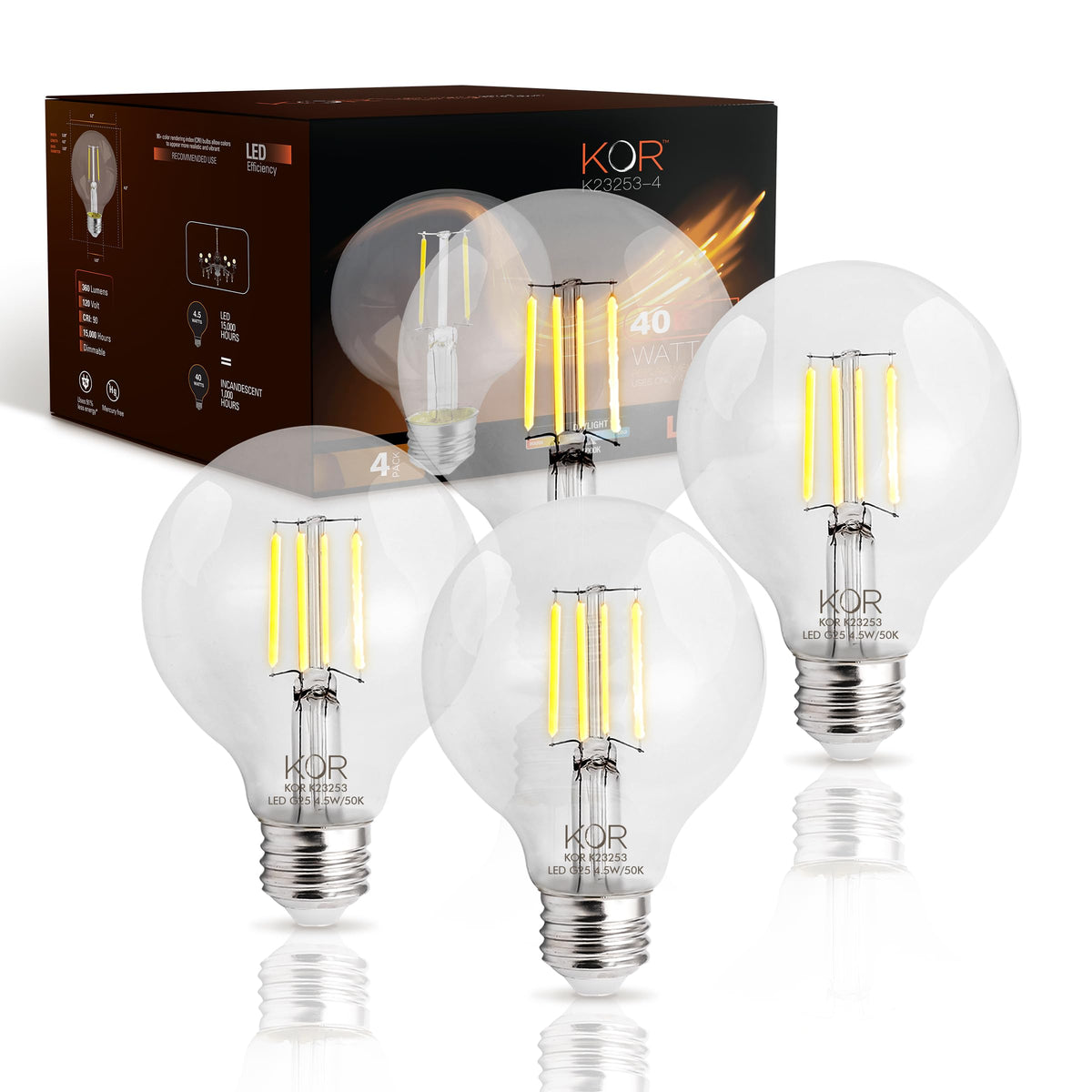 KOR LED G25 Filament Globe Bulbs with clear glass for vanity lighting and makeup mirrors