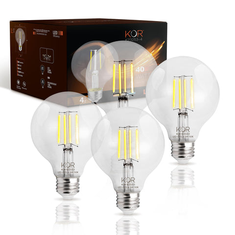 KOR LED G25 Filament Globe Bulbs with clear glass for vanity lighting and makeup mirrors