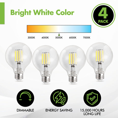 KOR LED G25 Filament Globe Bulbs with 5000K bright white light