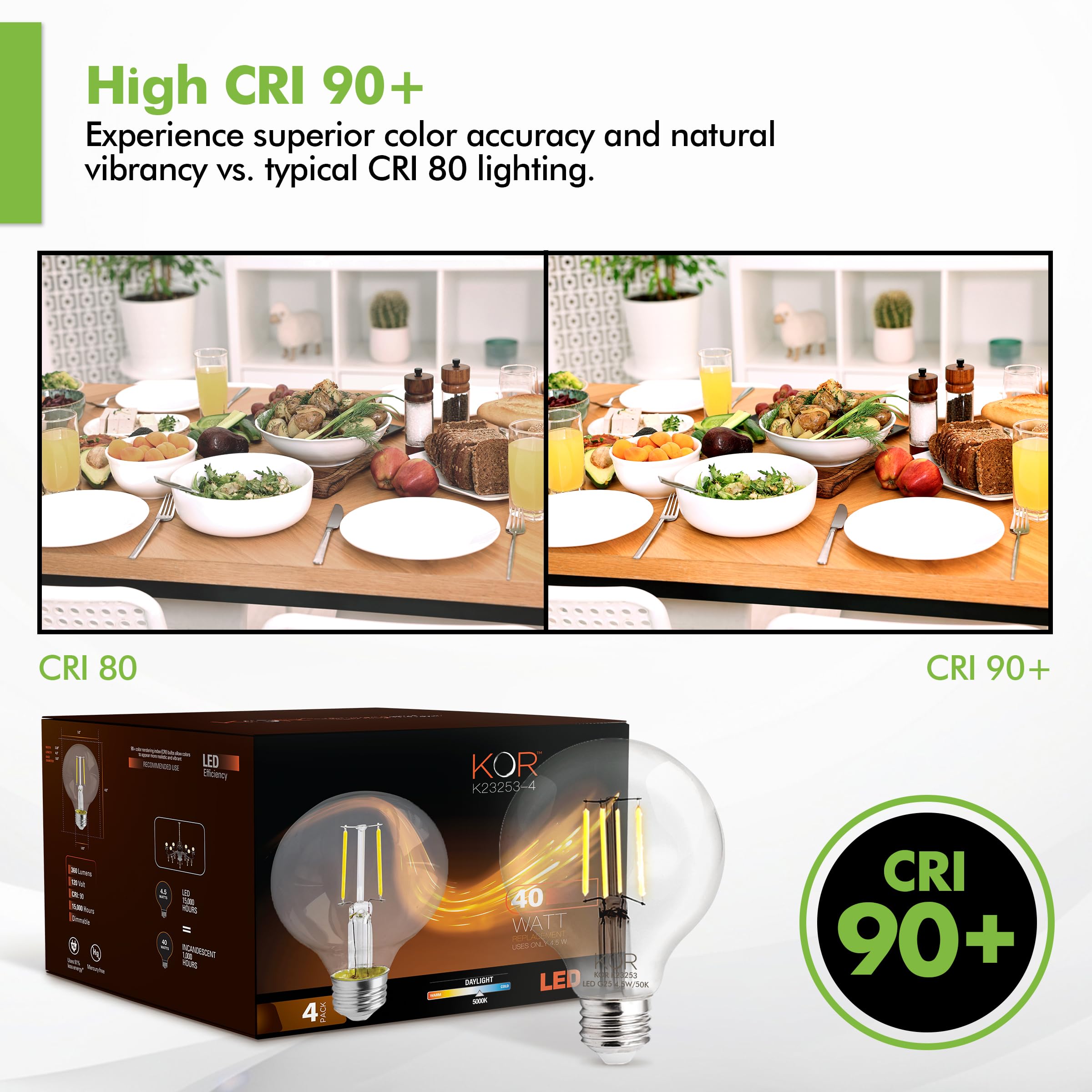 KOR LED G25 Filament Globe Bulbs are dimmable for ambiance control