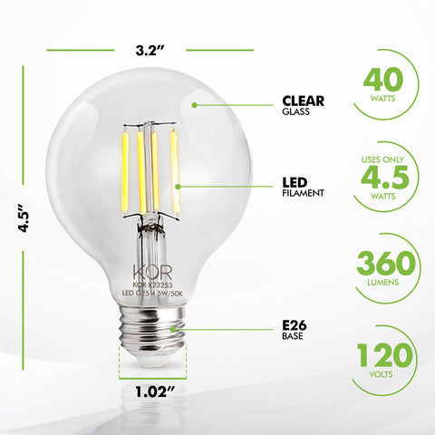 KOR LED G25 Filament Globe Bulbs illuminate vanity area for precise makeup application