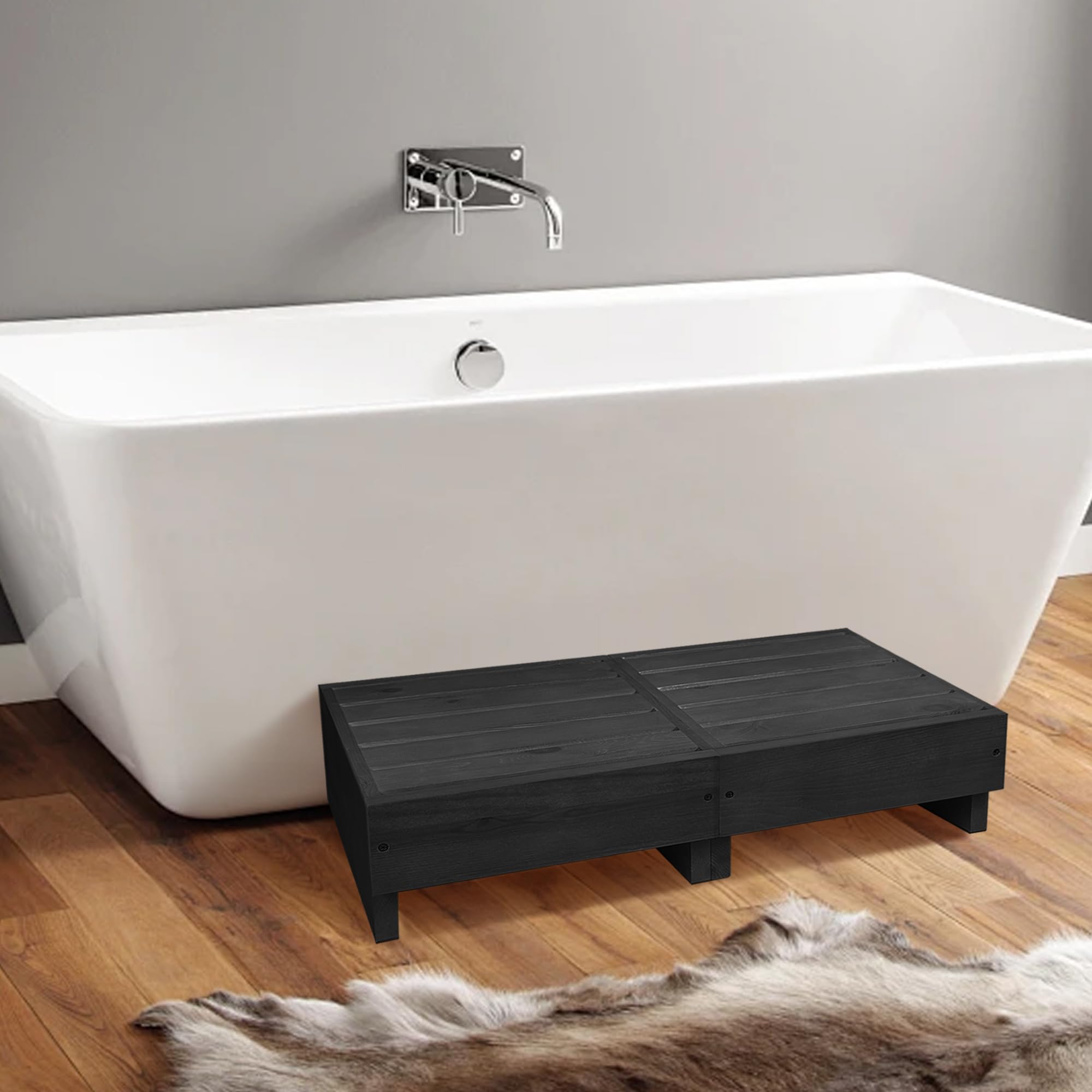 Koretech step stool grooves and non-slip pads ensure safety.