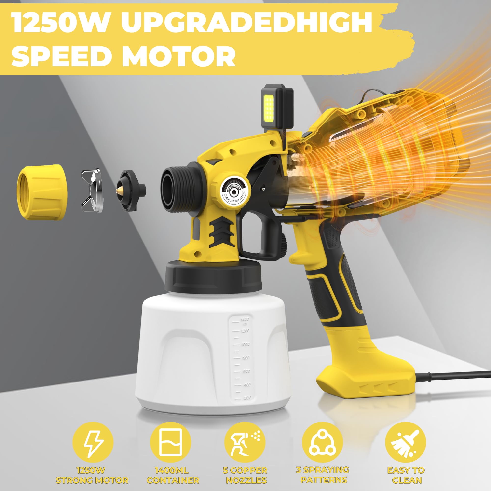 KORKIE paint sprayer's 1400ml container minimizes refills for larger projects.