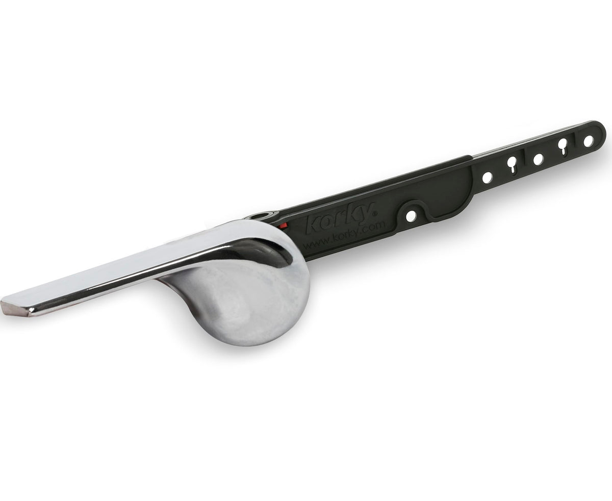 Korky 6052BP StrongARM tank lever front-mount with chrome wave design for universal compatibility.