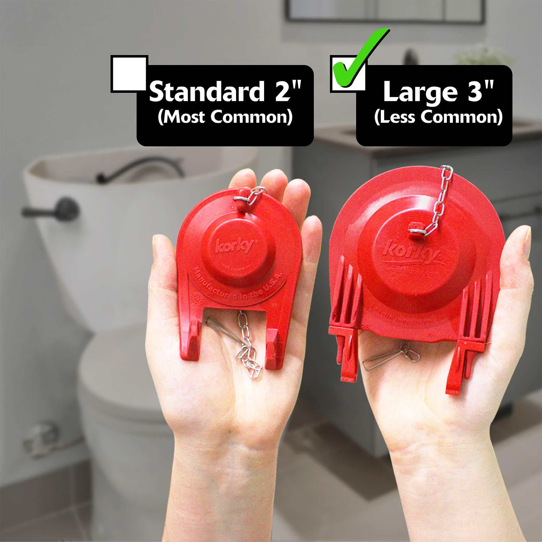 Korky universal flapper installation demonstrating easy-fit for 3-inch valves.