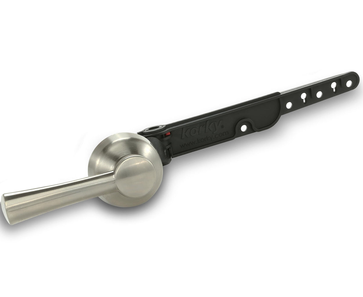 Korky StrongARM lever in brushed nickel for universal toilet mount compatibility