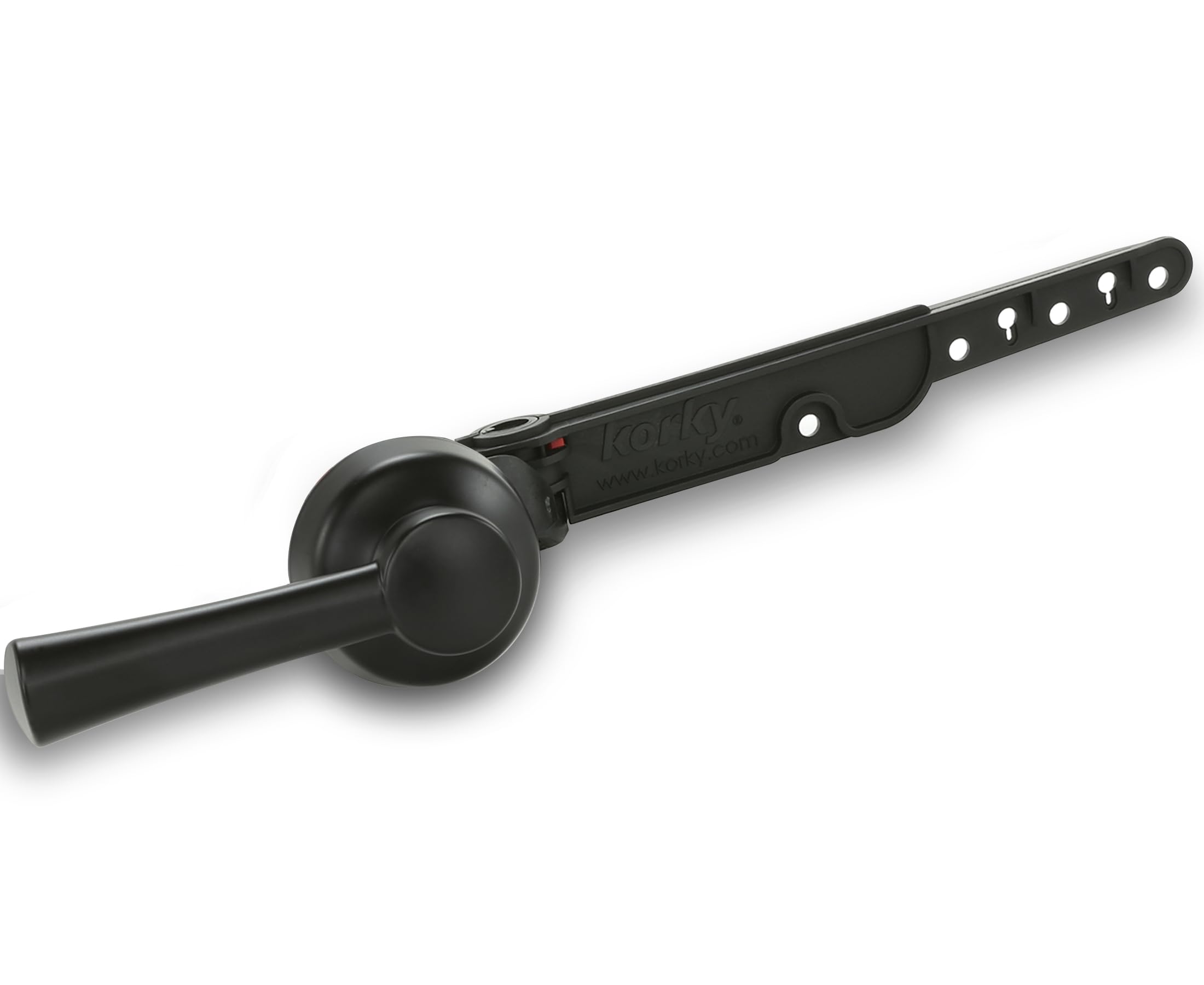 Korky Strongarm lever front-mount in matte black enables quick installation.