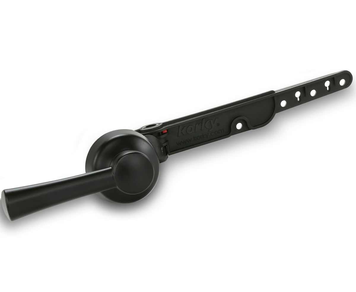 Korky Strongarm lever front-mount in matte black enables quick installation.