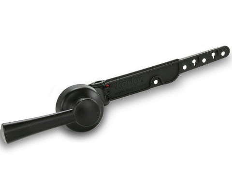 Korky Strongarm lever front-mount in matte black enables quick installation.