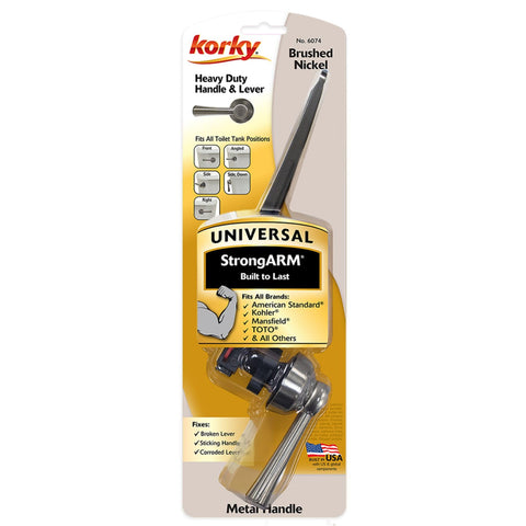 Korky StrongARM lever brushed nickel finish resists corrosion and blends with decor