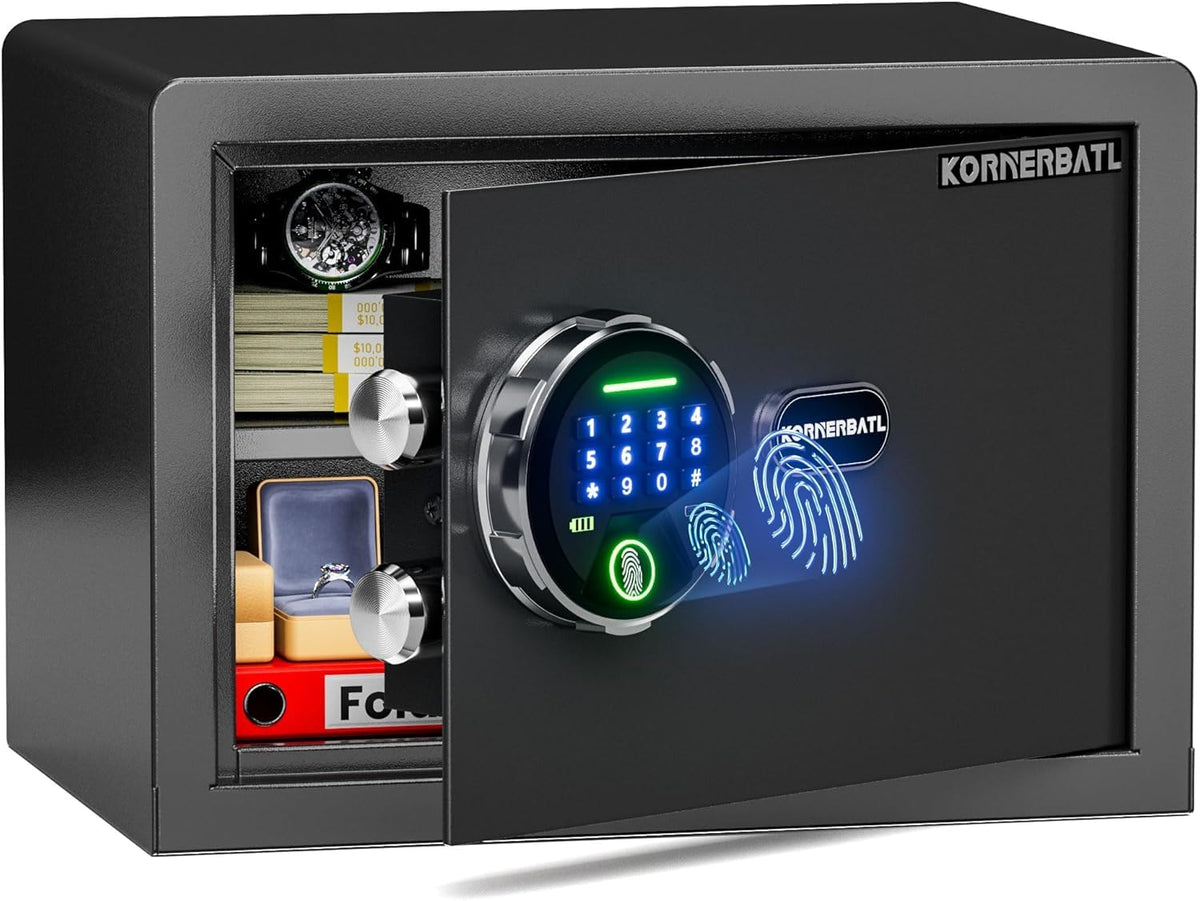 KornerBatl Smart Biometric Safe front view shows sturdy build for secure storage.