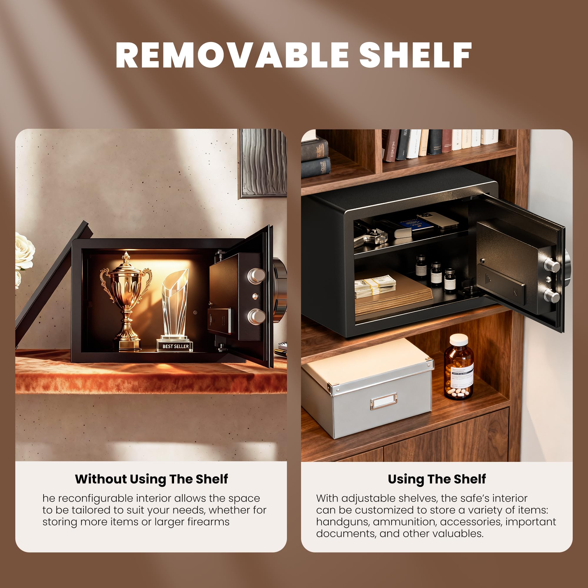 KornerBatl Smart Biometric Safe removable shelves enable flexible organization.